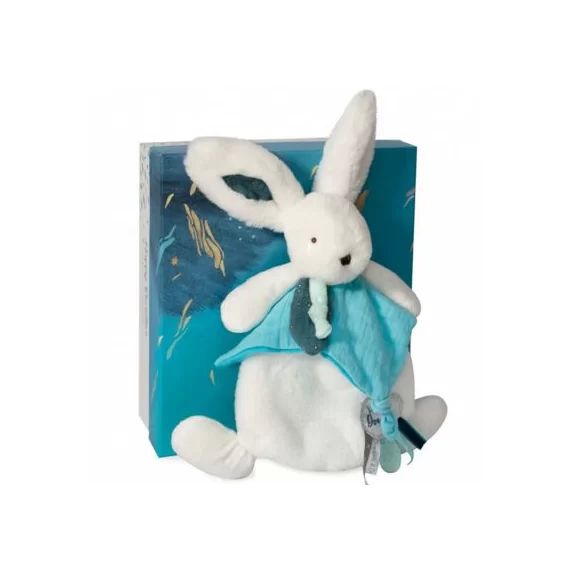 Doudou plat avec coffret lapin bleu-vert Happy Pop