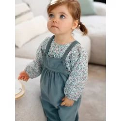 Ensemble blouse et salopette velours bébé fille bleu céleste