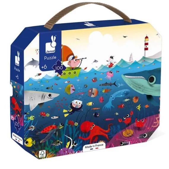 Puzzle 100 pièces Janod Le monde sous-marin – Valisette ronde avec poster – Fabriqué en France bleu
