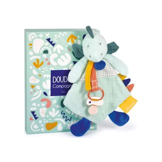 Coffret doudou attache sucette dinosaure Filou amande Calinosaures