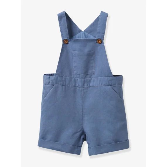 Salopette courte bébé lin et coton CYRILLUS bleu grisé