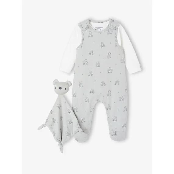 Ensemble 3 pièces naissance combinaison + body + doudou vert d&rsquo;eau