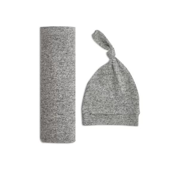 Coffret maxi lange et bonnet en maille heather grey (0-3 mois)