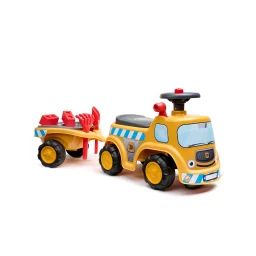 Porteur Chantier Avec Assise Ouvrante Et Volant Directionnel Avec Klaxon, Remorque Et Jeux De Sable Jaune Jcb