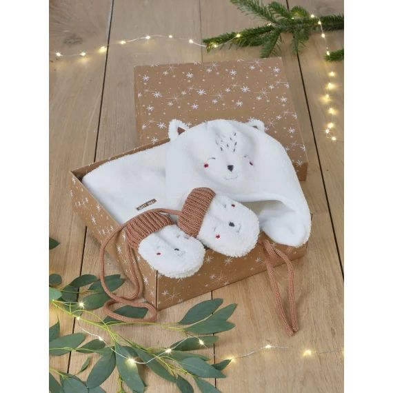 Coffret Noël bébé garçon bonnet + snood + moufles écru