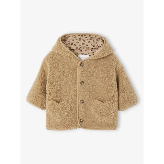 Manteau bébé en sherpa avec doublure imprimée léopard beige