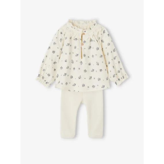 Ensemble blouse à fleurs et legging bébé écru