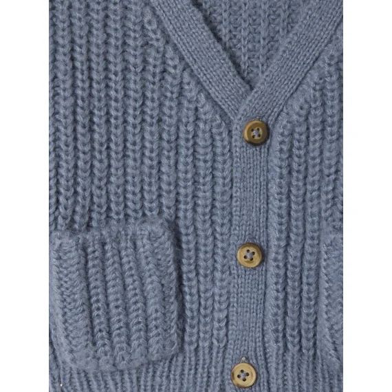 Gilet bébé col V en maille grosse jauge bleu grisé
