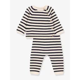 Ensemble en tricot laine et coton rayure marinière bébé PETIT BATEAU beige imprimé