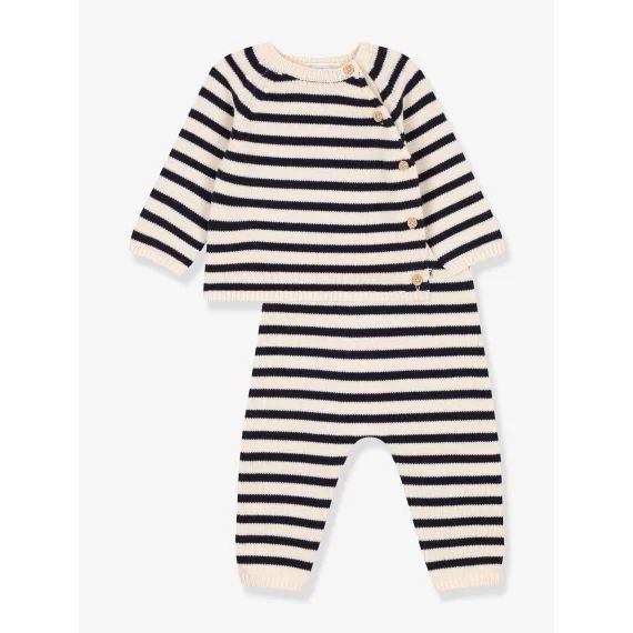 Ensemble en tricot laine et coton rayure marinière bébé PETIT BATEAU beige imprimé