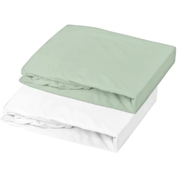 Lot de 2 draps housse en jersey – Blanc / Vert de Gris – 60 x 120 x 15 cm vert