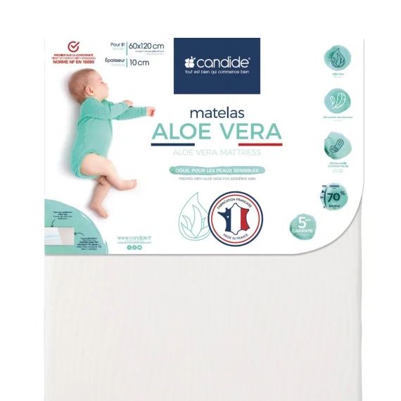 Matelas Bébé 60x120x10cm Aloé Vera – Peaux Sensibles – Limite Allergies – Combat L&rsquo;Eczéma – Fabriqué En France – Garantie 5 Ans blanc