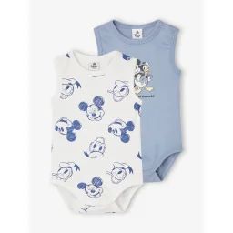 Lot de 2 bodies bébé sans manches Disney® Mickey et Donald bleu ciel + blanc