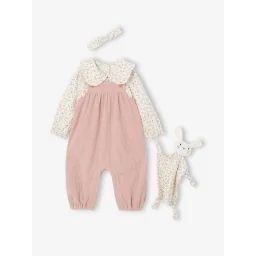 Coffret bébé T-shirt + salopette + bandeau + doudou rose poudré