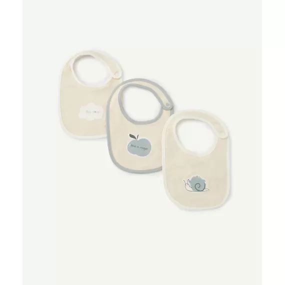 Lot de 3 bavoirs mixte en coton écru et bleu avec motifs –  – Soldes