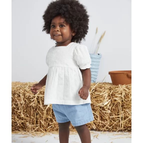 Short fluide bébé fille en coton et denim bleu low impact –  – Soldes