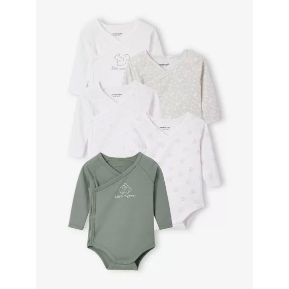 Lot de 5 bodies manches longues bébé ouverture naissance vert d&rsquo;eau