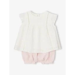 Ensemble robe brodée et bloomer en gaze de coton naissance rose