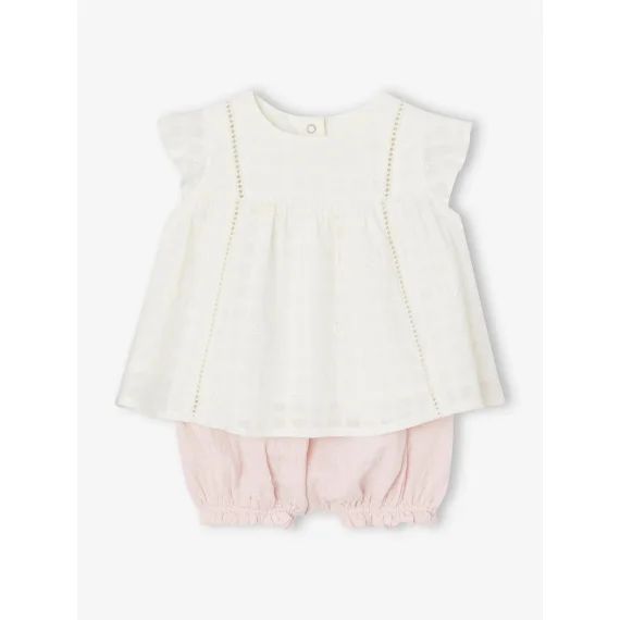 Ensemble robe brodée et bloomer en gaze de coton naissance rose