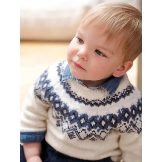 Pull jacquard bébé garçon en maille mousseuse ultra douce écru