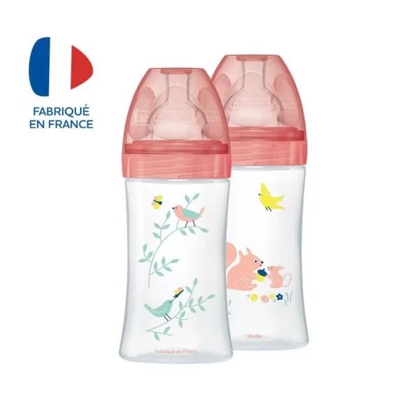 Dodie Biberon Sensation+ Anti-Coliques +0m Écureuil Lot de 2 x 270ml rose