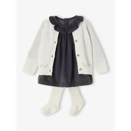 Ensemble robe, gilet fantaisie et collant bébé fille bleu ardoise
