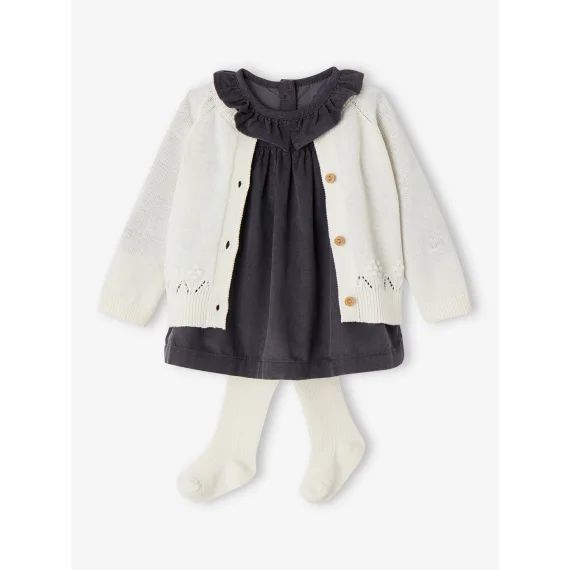 Ensemble robe, gilet fantaisie et collant bébé fille bleu ardoise
