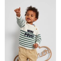 Pull bébé garçon écru et à rayures avec message –  – Soldes