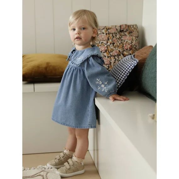 Robe bébé en denim brodé stone