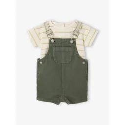 Ensemble t-shirt rayé et salopette bébé vert