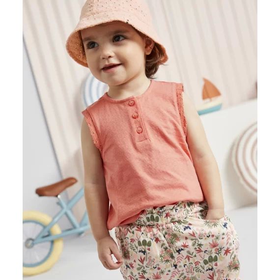 T-shirt bébé fille en coton sans manches couleur corail –  – Soldes
