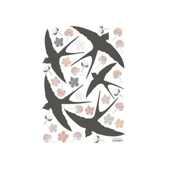 Stickers Adèle fleurs et hirondelles (29,7 x 42 cm)