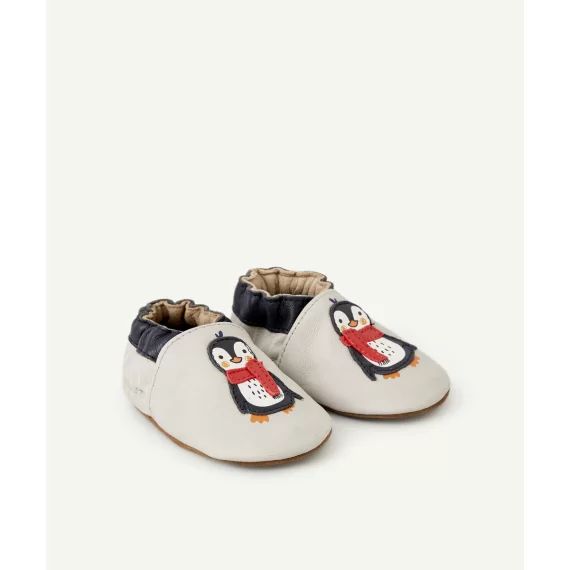 Chaussons bébé en cuir gris avec pingouin