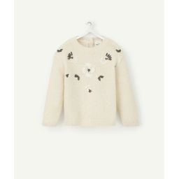 Pull en tricot écru pailleté avec fleurs brodées bébé fille –  – Soldes