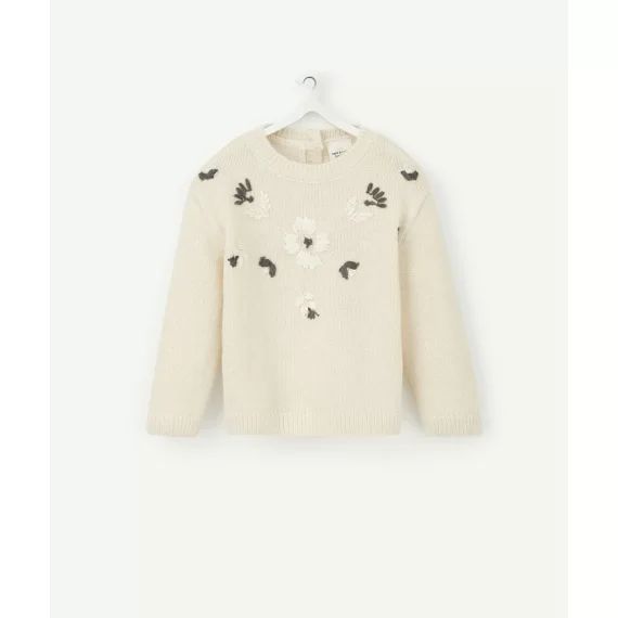 Pull en tricot écru pailleté avec fleurs brodées bébé fille –  – Soldes