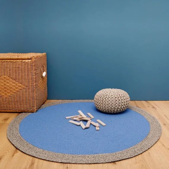 Tapis Rond Laine Tressé Nolan Bleu