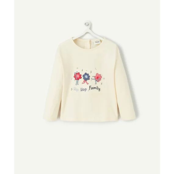 T-shirt manches longues bébé fille en coton biologique écru avec détails brodés