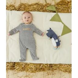 Dors bien bébé en coton bio et velours à rayures bleu marine et blanc
