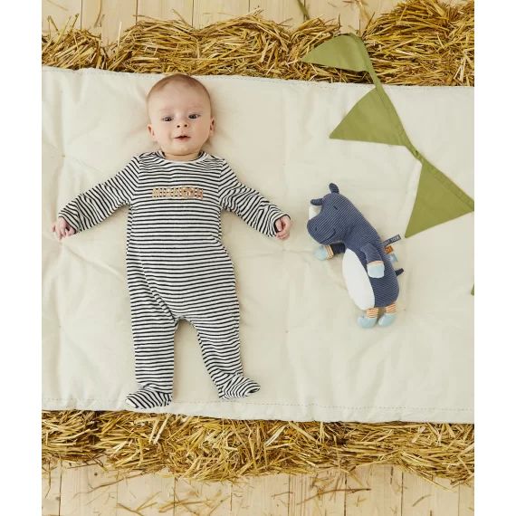 Dors bien bébé en coton bio et velours à rayures bleu marine et blanc