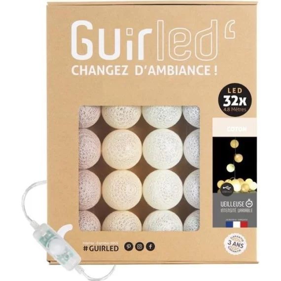 Guirlande lumineuse boules coton LED USB – Veilleuse bébé 2h –  3 intensités – 32 boules 3,2m – Coton beige