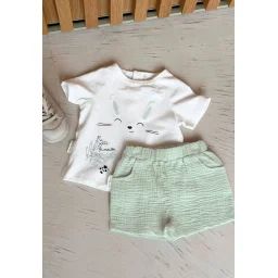 Ensemble Bébé T-shirt Et Short En Gaze De Coton Frimousse Vert