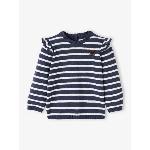 Pull à volants cerise bébé avec pompons marine rayé
