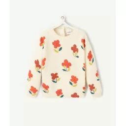Pull en maille bébé fille écru et imprimé avec fleurs colorées