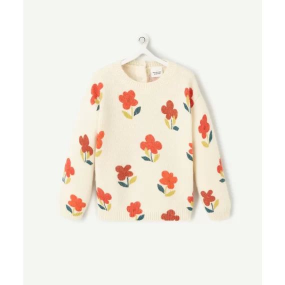 Pull en maille bébé fille écru et imprimé avec fleurs colorées