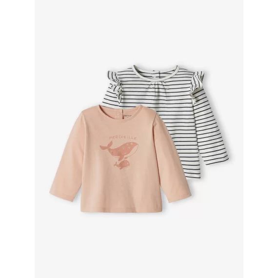 Lot de 2 T-shirts basics bébé manches longues rose poudré