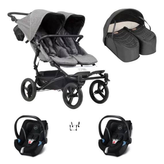Poussette Double Mountain Buggy Duet V3.2 Luxury Edition – Herringbone + Cocoon Jumeaux + 2 Coques Auto Cybex Aton 5 – Deep Black