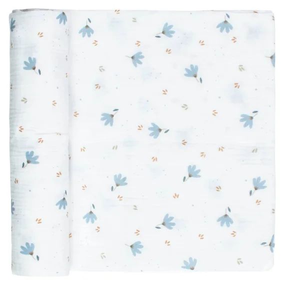 Maxi Lange En Gaze De Coton Blanc Imprimé Bleuet
