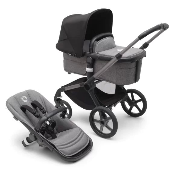 Fox 5 bassinet and seat stroller graphite base, grey melange fabrics, midnight black sun canopy