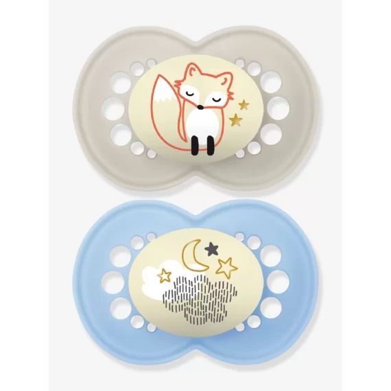 Lot de 2 sucettes en silicone MAM Nuit 6+ beige + bleu