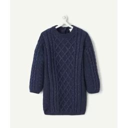 Robe en maille fille avec jeux de torsades bleu marine